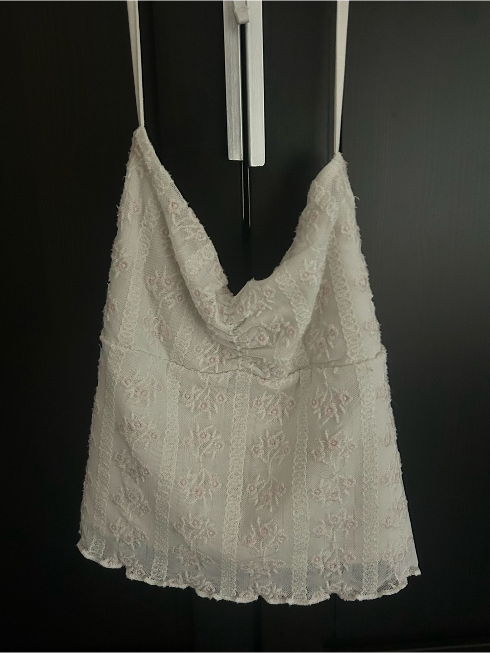 Garage White Strapless Floral Lace Cowl Top